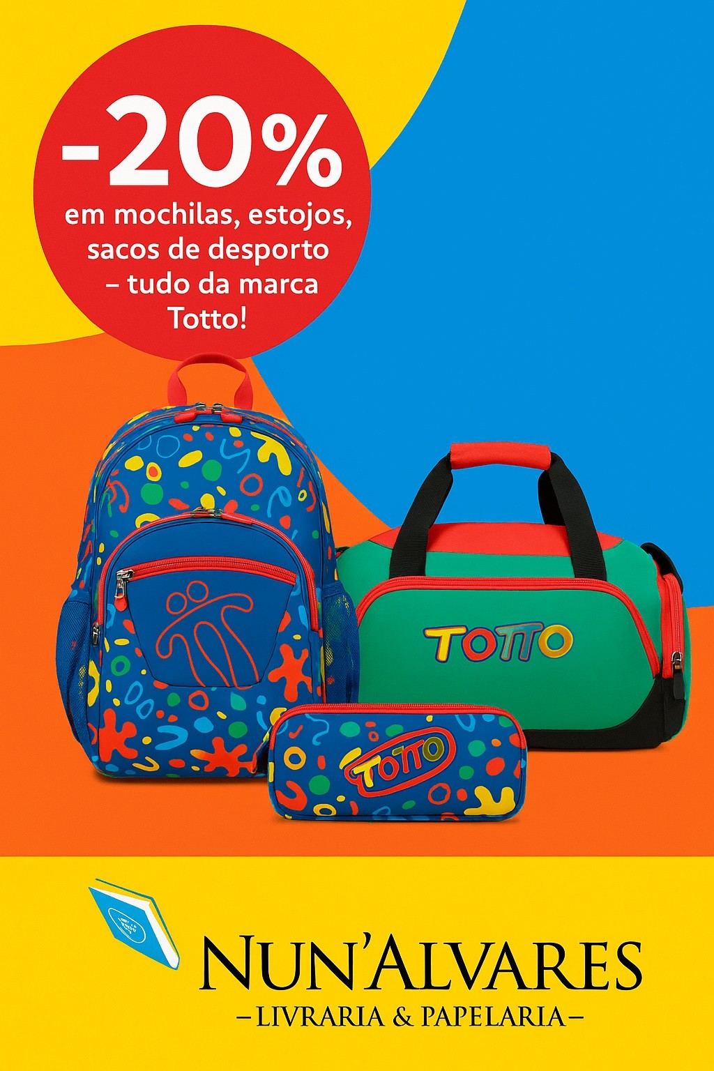  20% de desconto em mochilas, estojos, sacos de desporto – tudo da marca Totto! 